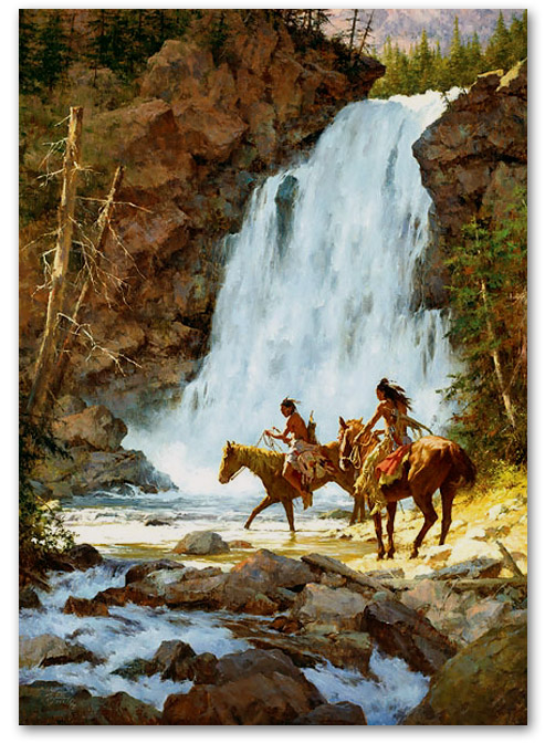 Crossing Below the Falls - by Howard Terpning